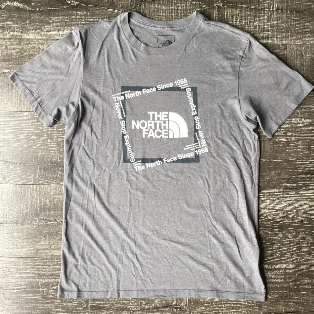 The North Face Men’s M Gray Heather Graphic TShirt Box Logo Never Stop Exploring